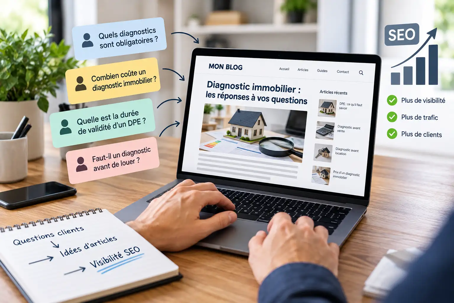 Blog professionnel : comment transformer les questions des clients en contenus SEO ? Chaque jour, les entreprises répondent à des dizaines de questions posées par leurs clients. Combien coûte une prestation ? Quel produit choisir ? Quels documents fournir ? Combien de temps faut-il prévoir ? Ces interrogations reviennent régulièrement dans les échanges téléphoniques, les emails ou les rendez-vous commerciaux. Question client SEO